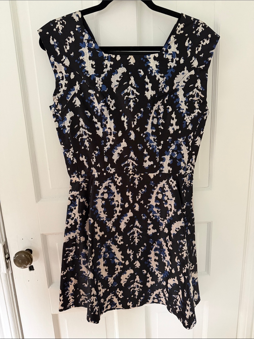 Theyskens' Theory Black Mini Dress with Blue and Cream Print
